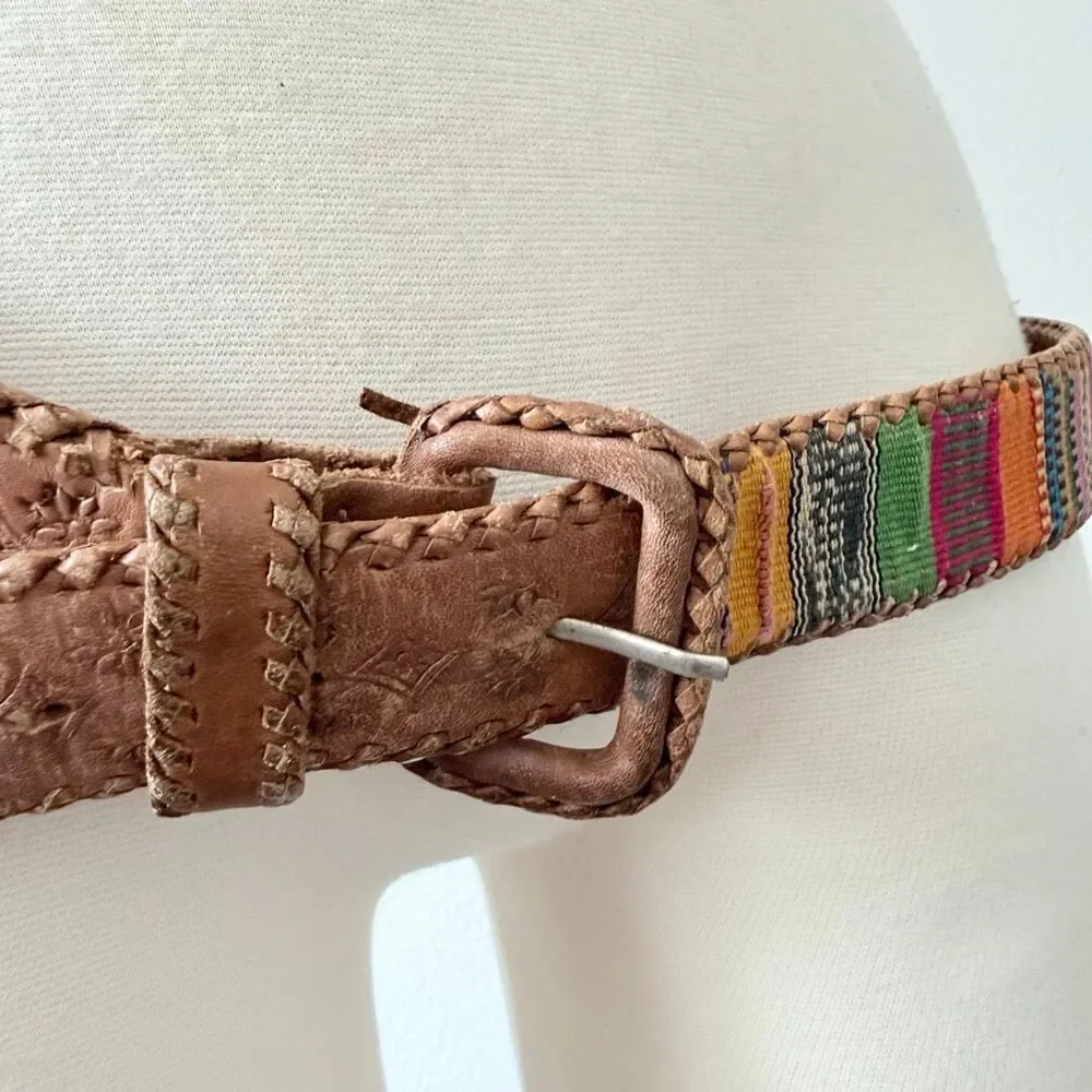 Vintage Whipstitch Brown Leather Stitched Belt Buckle Stripe Western XL